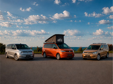 trzy samochody volkswagen dostawcze caddy multivan california